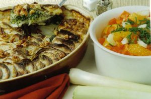 JVS image - Crunchy Leek and Potato Gratin served with a Fennel and Orange Salad