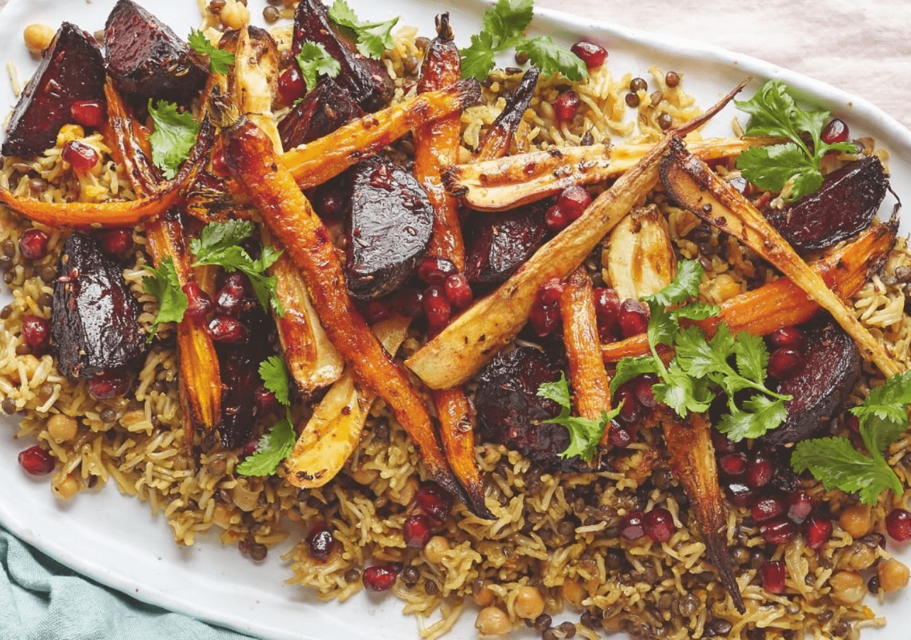 Rice and Lentils with Tahini Roasted Root Veg