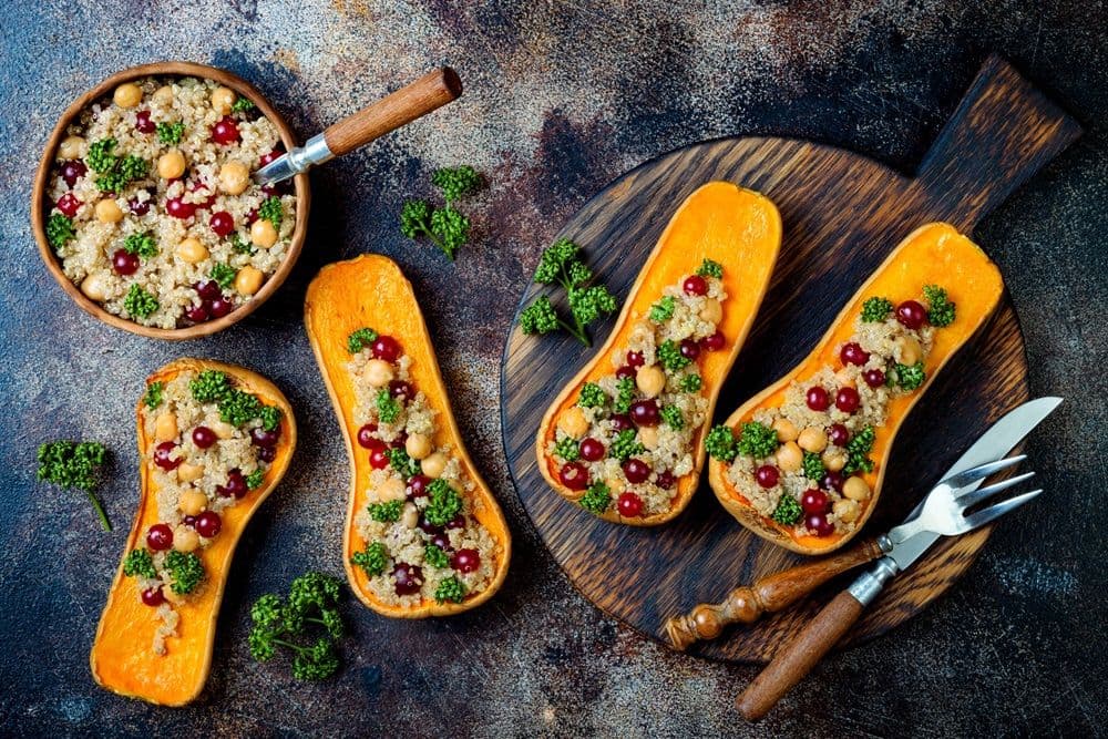 Roasted butternut squash with quinoa and chickpeas