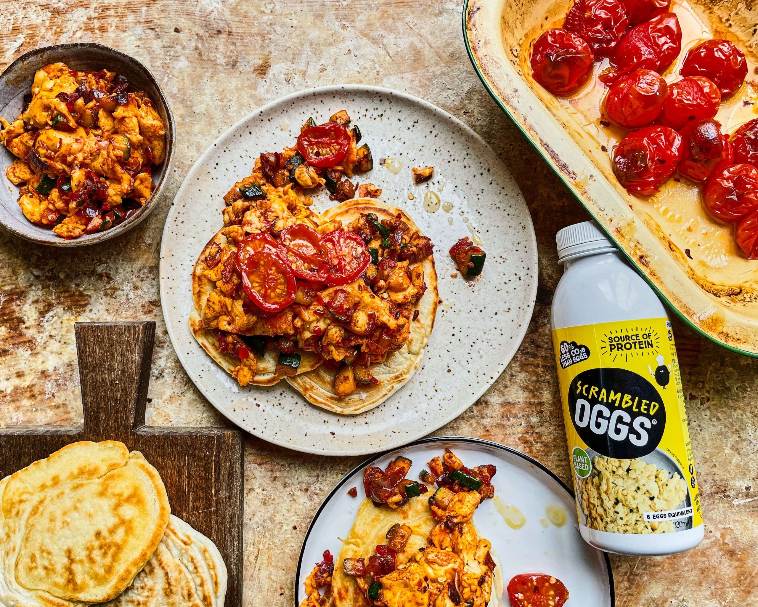 Savoury pancakes with spicy OGGS and roasted tomatoes