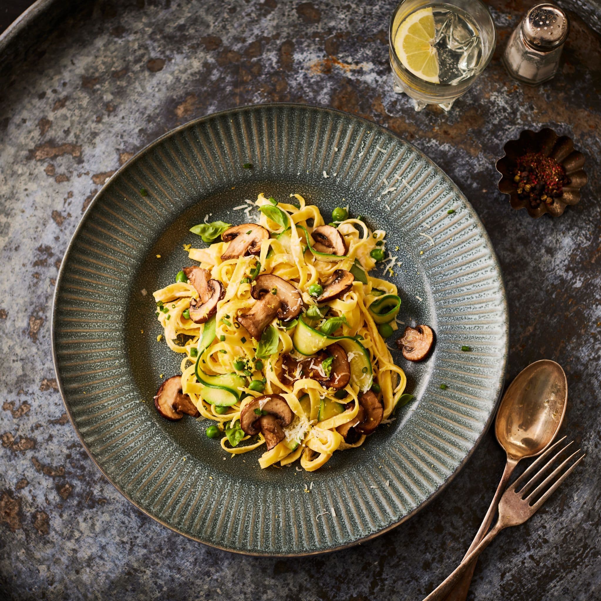 Taglietelle with mushroom, courgette, pea and summer herbs