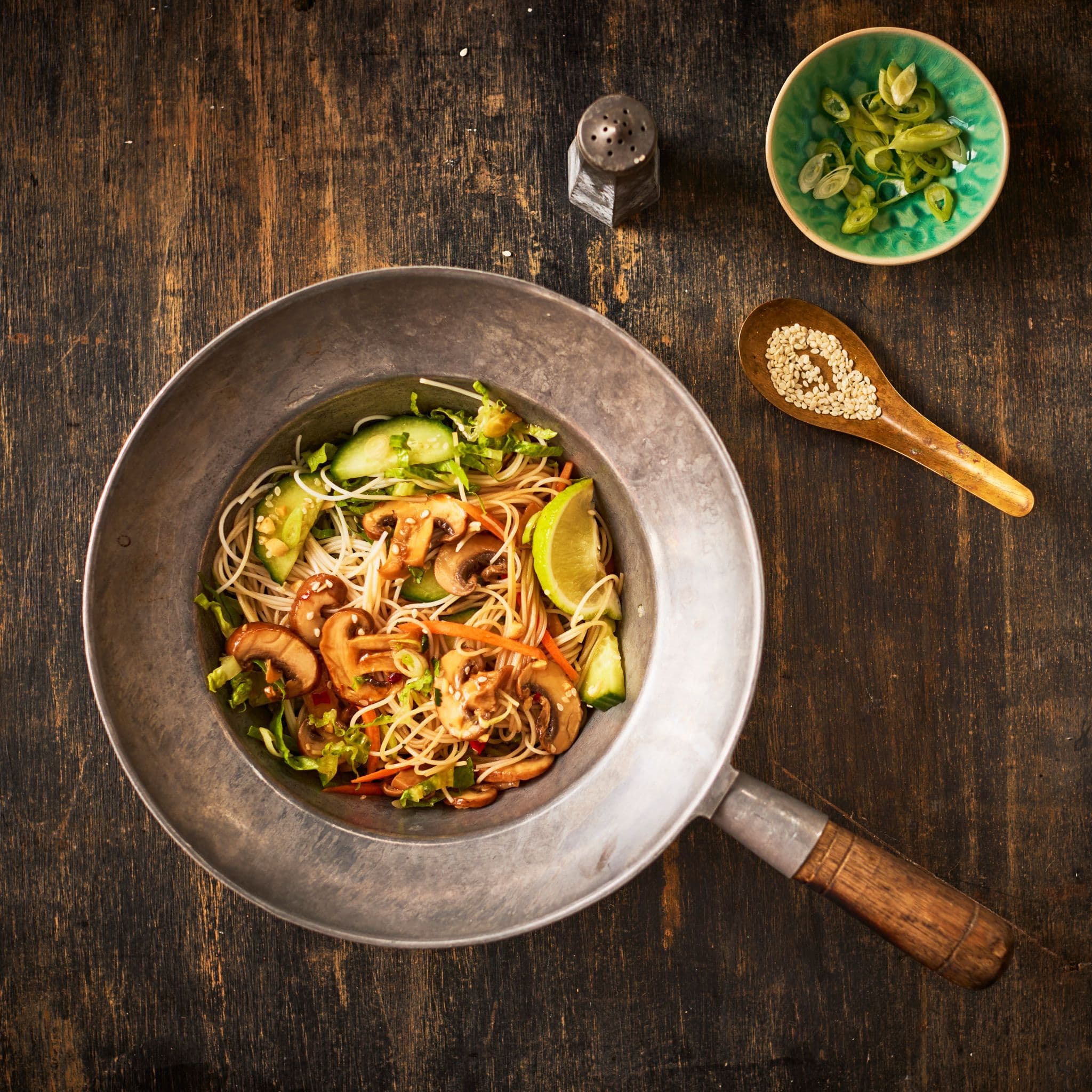 Sticky mushroom Asian noodle salad