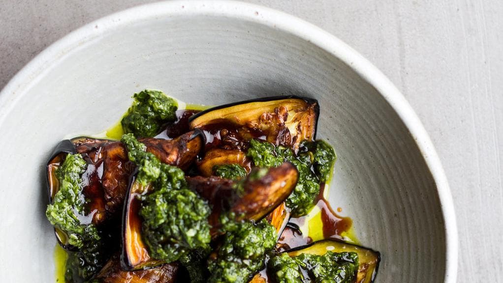 Fried aubergine, date syrup, zhoug