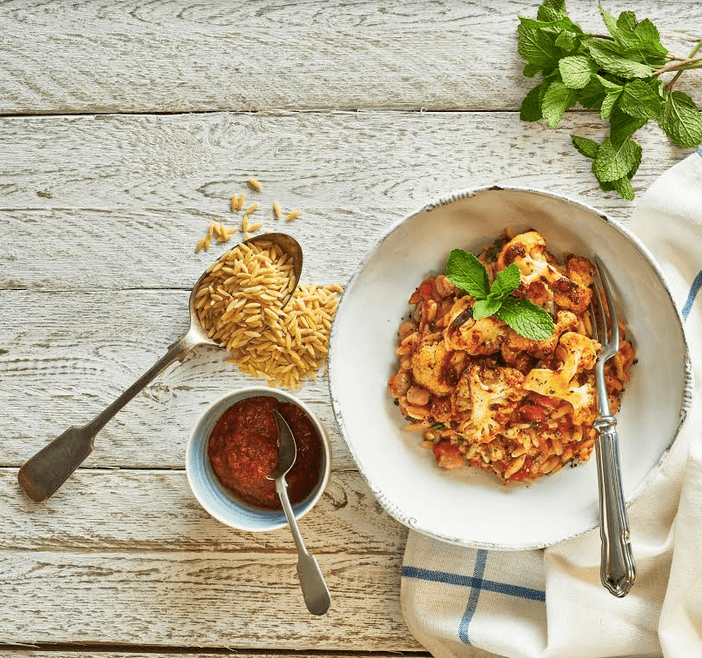 Roasted harissa cauliflower with orzo