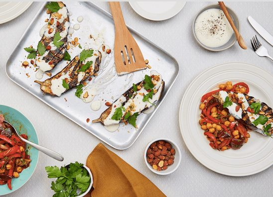 Charred aubergine with red pepper chickpea salad