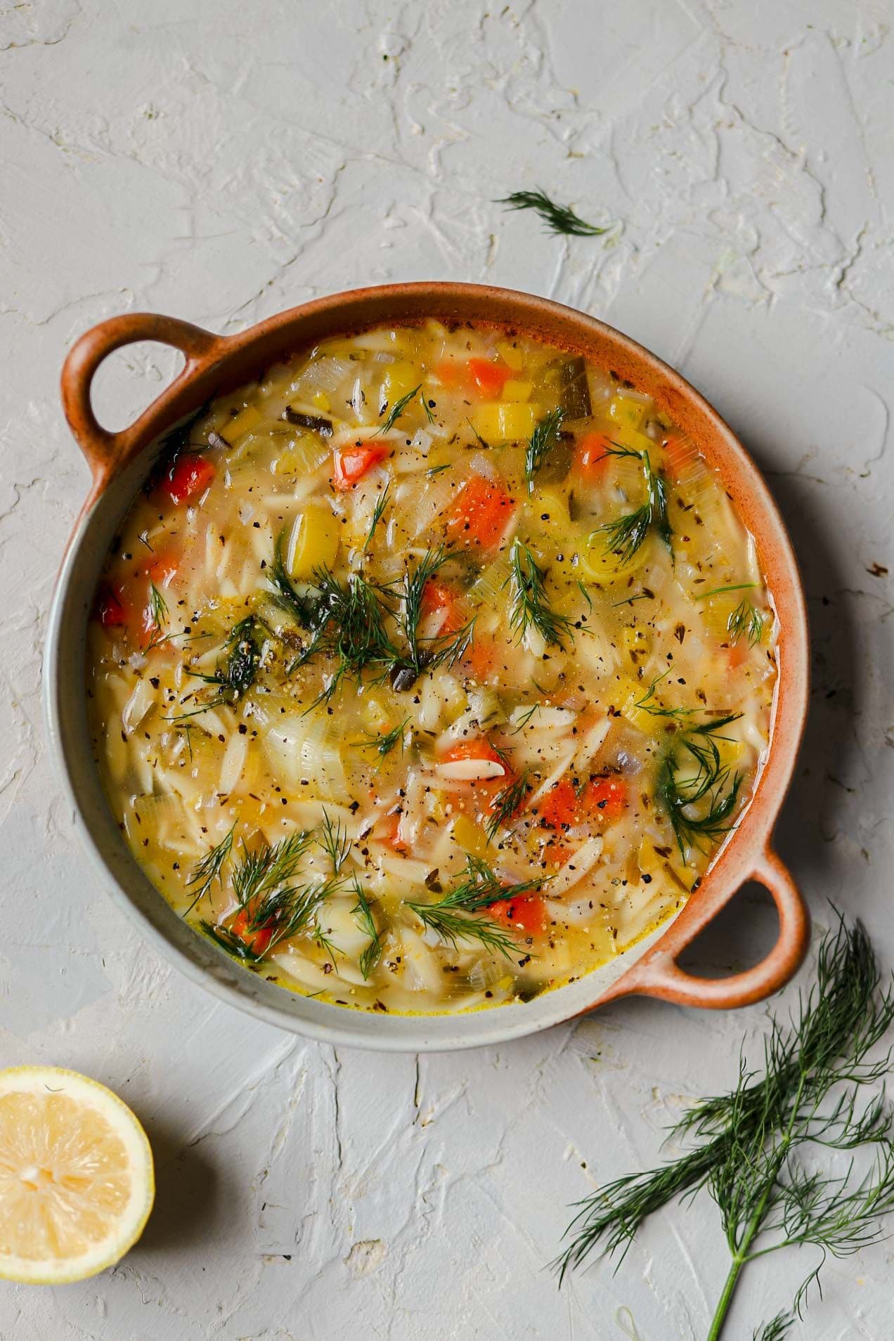 Orzo, leek and dill soup