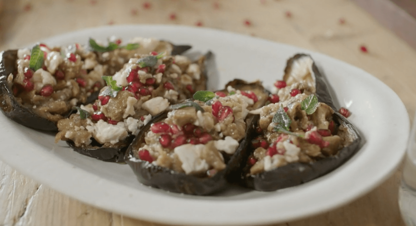 Stuffed Aubergine with Vegan Feta and Pomegranate