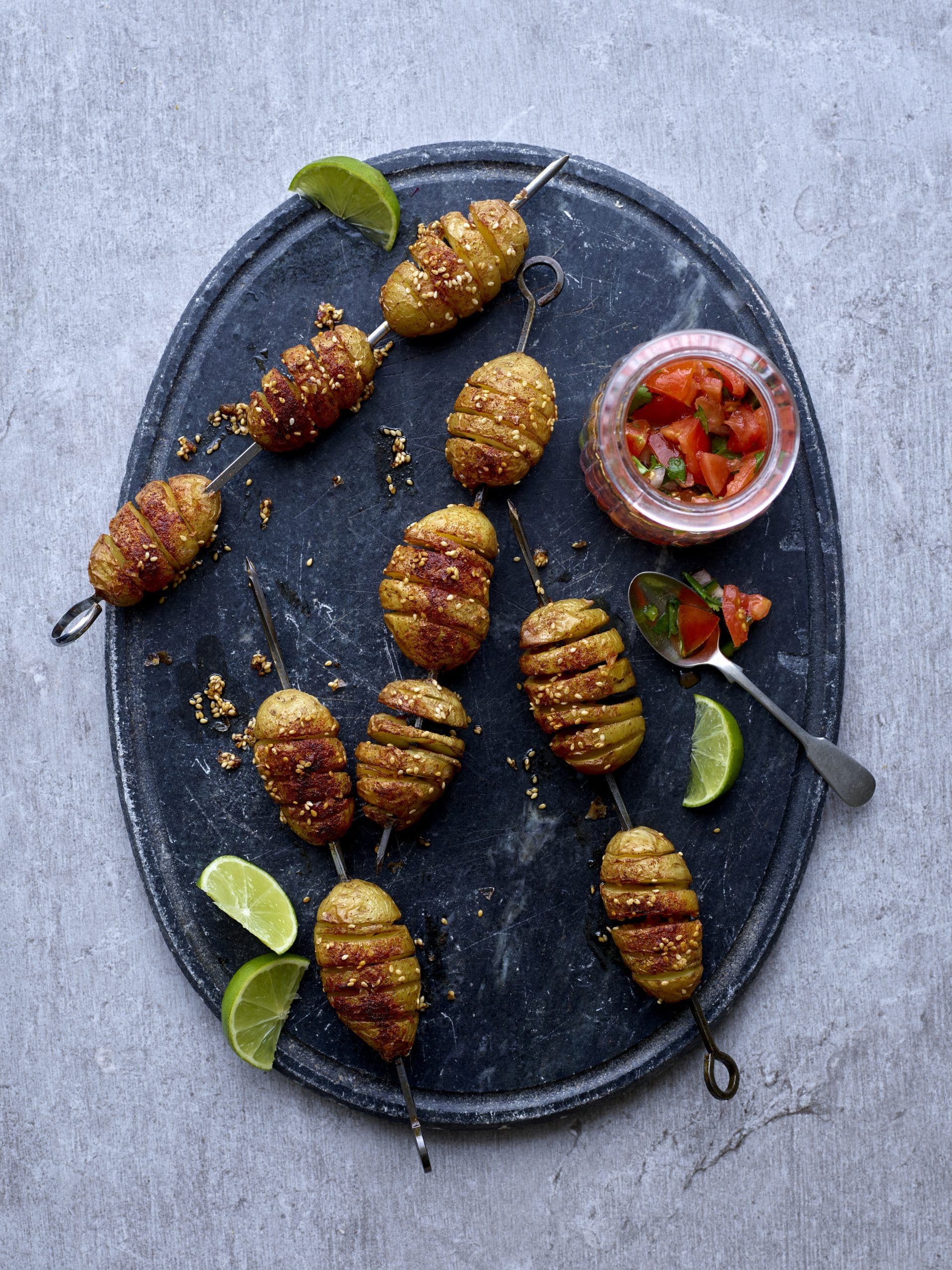 Sesame, paprika and seaweed Jersey Royal skewers