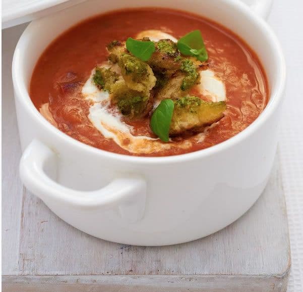 Roasted tomato soup with pesto croutons