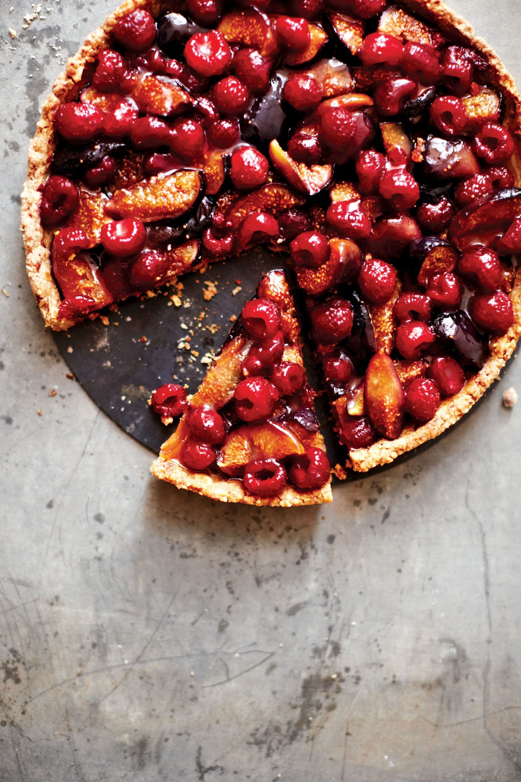 Roasted fig & raspberry tart with toasted almond crust