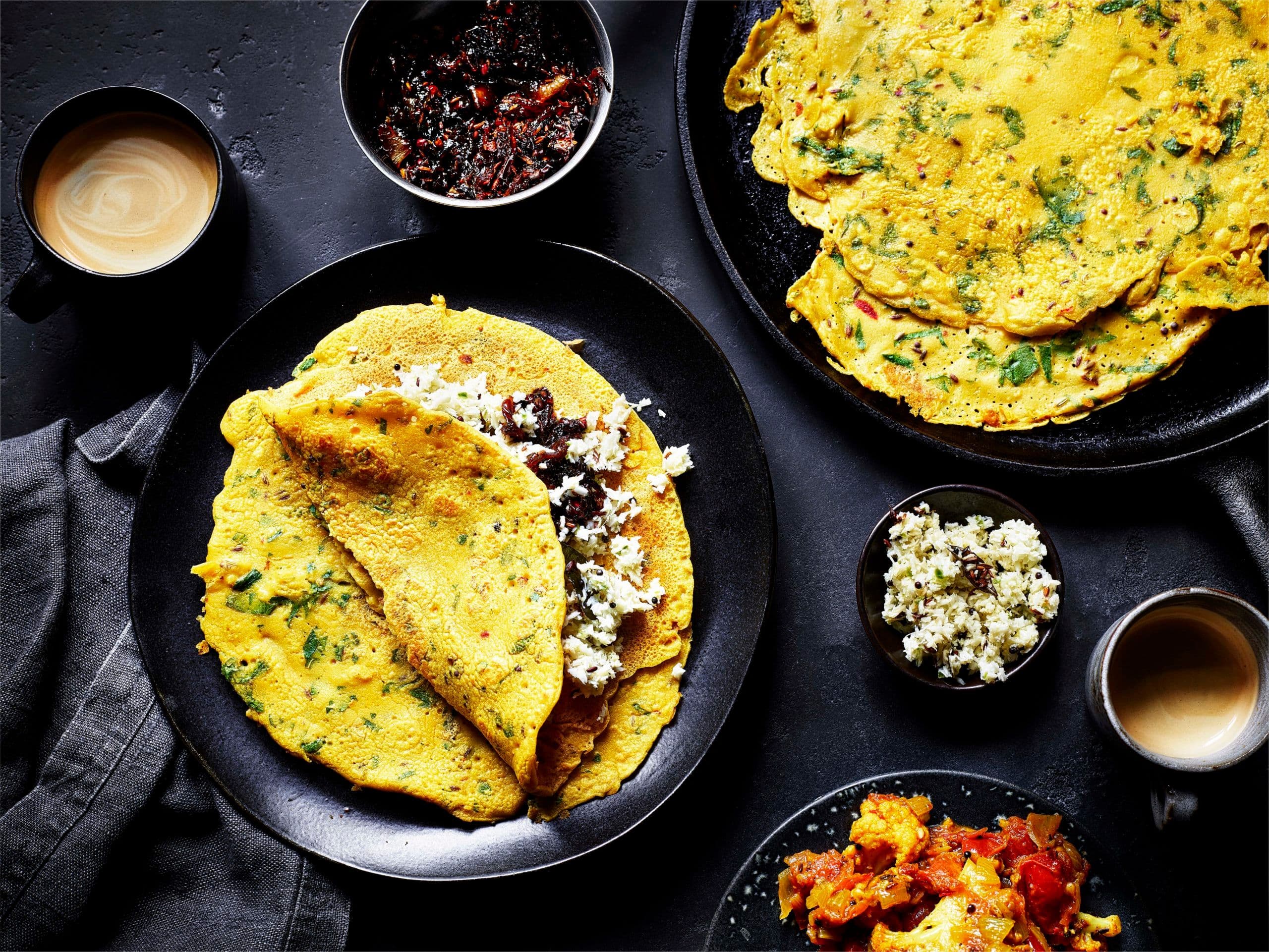 Spiced crepes with coconut chutney & sweet onion chutney