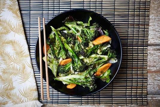 Sesame Burgundy Broccoli with Oriental Salad and Agave, Ginger and Soy Dressing