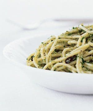 Tu B’shvat: Pasta with green olive pesto