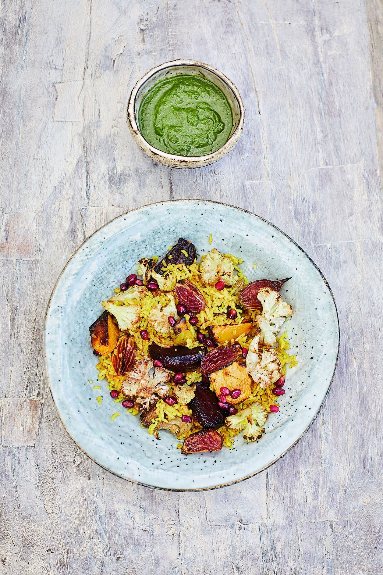 Winter pilau with beetroot, cauliflower and coriander chutney