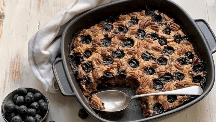 Vegan baked oatmeal with blueberries and pecans