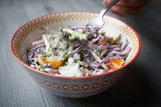 Raw Burgundy Broccoli Slaw with Red Cabbage, Red Onion and Vegan Mayonnaise