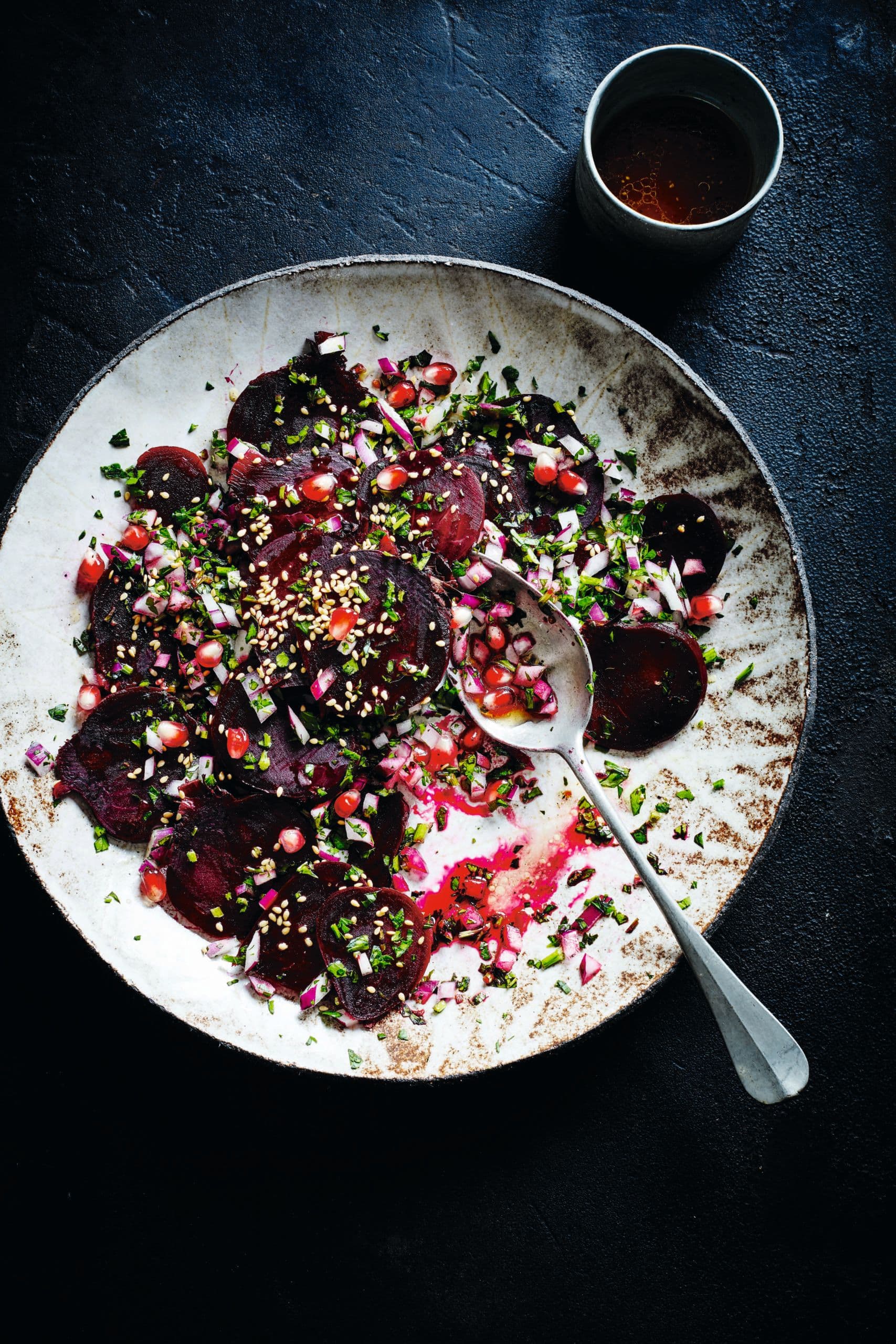 Sa’lata shooendar: Beetroot salad with pomegranate molasses and sesame seeds