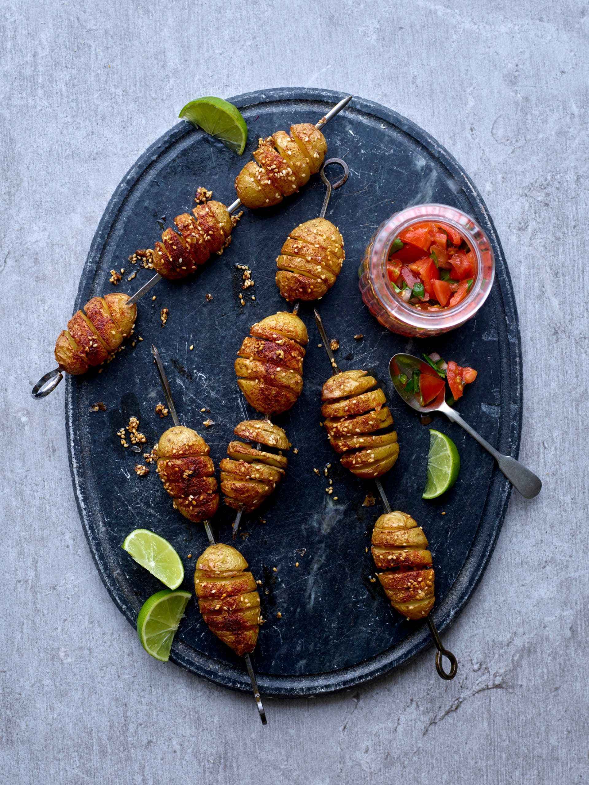Sesame, paprika and seaweed Jersey Royal skewers
