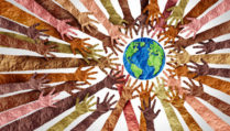 World culture earth day and global diversity and international cultures as a concept of diverse races and crowd cooperation symbol as hands holding together the planet earth in a 3D illustration style.