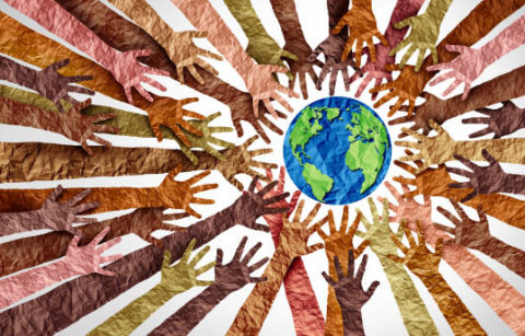 World culture earth day and global diversity and international cultures as a concept of diverse races and crowd cooperation symbol as hands holding together the planet earth in a 3D illustration style.