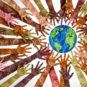 World culture earth day and global diversity and international cultures as a concept of diverse races and crowd cooperation symbol as hands holding together the planet earth in a 3D illustration style.